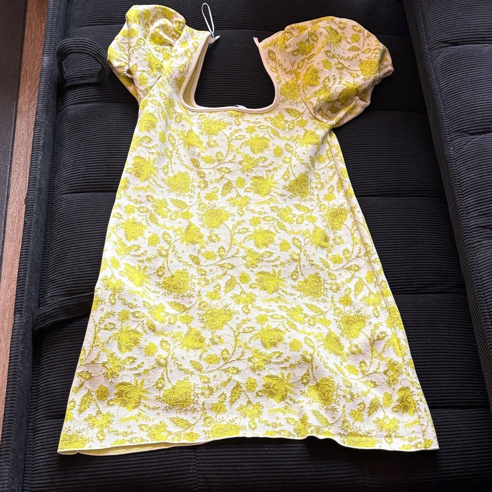 Yellow Floral Puff-Sleeve Mini Dress